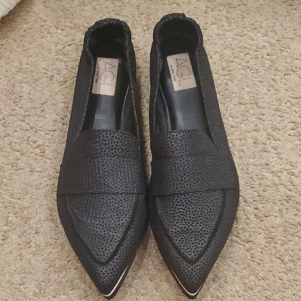 AGL Women's Dark Grey Black Spotted Loafers Size 11.5